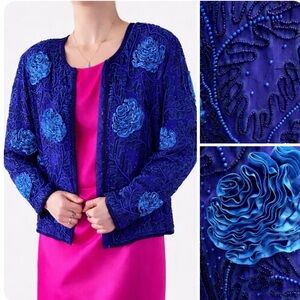 Vintage ’90s Blue Silk Beaded Short Jacket – Textured with Rosettes & Beads